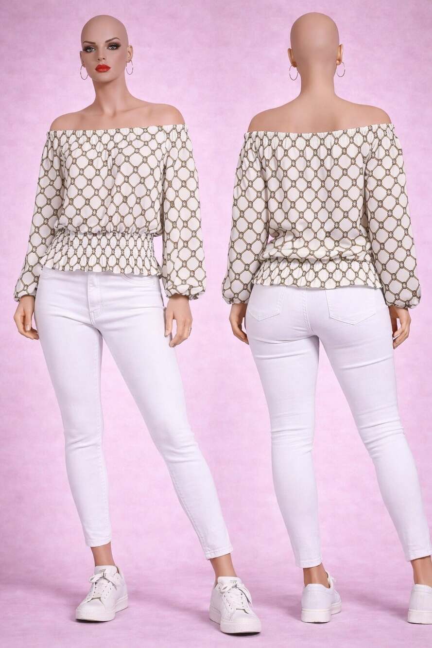 Michael Kors Off/On Shoulder Chain Print Blouse Women Size M Elastic Waist Long